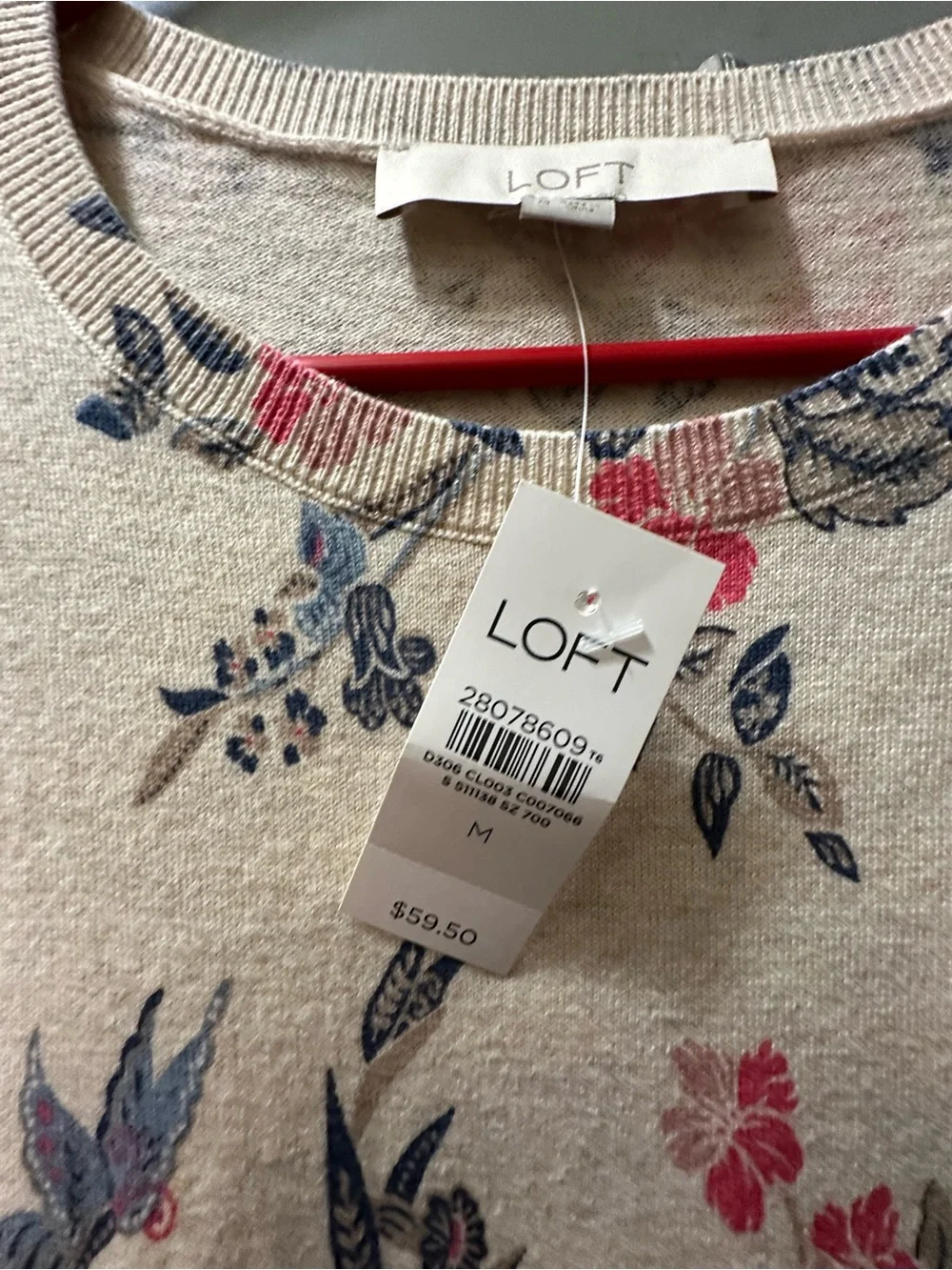 LOFT Cream Floral Long Sleeve Crewneck sweater with Blue & Pink Print